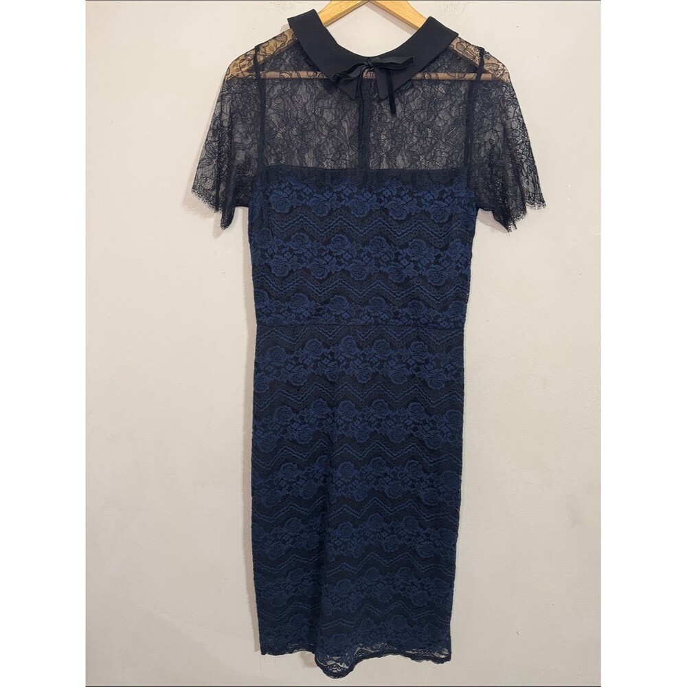 Aqua Lace Overlay Midi Dress Peter Pan Collar Navy Black size L Coquette Twee